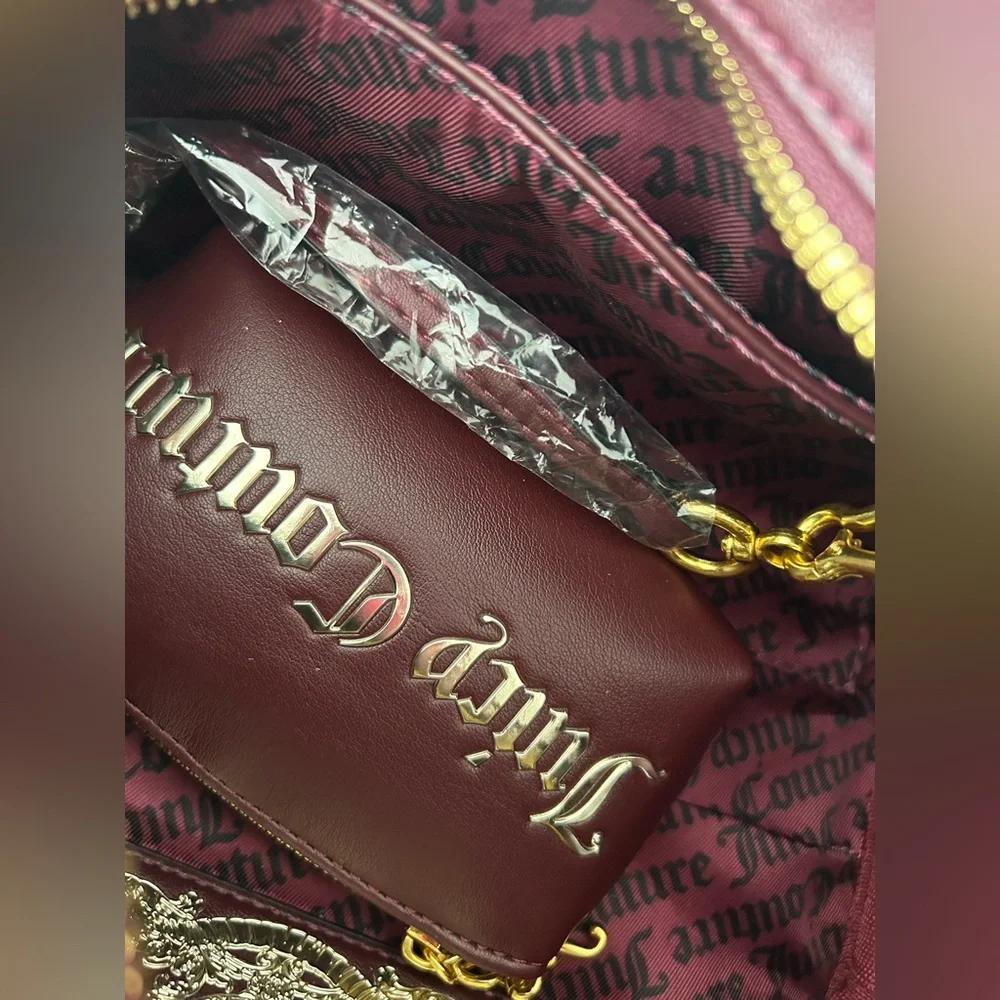 Juicy Couture UK burgundy leather Scottie Dog crest Bowler Bag Wallet Set